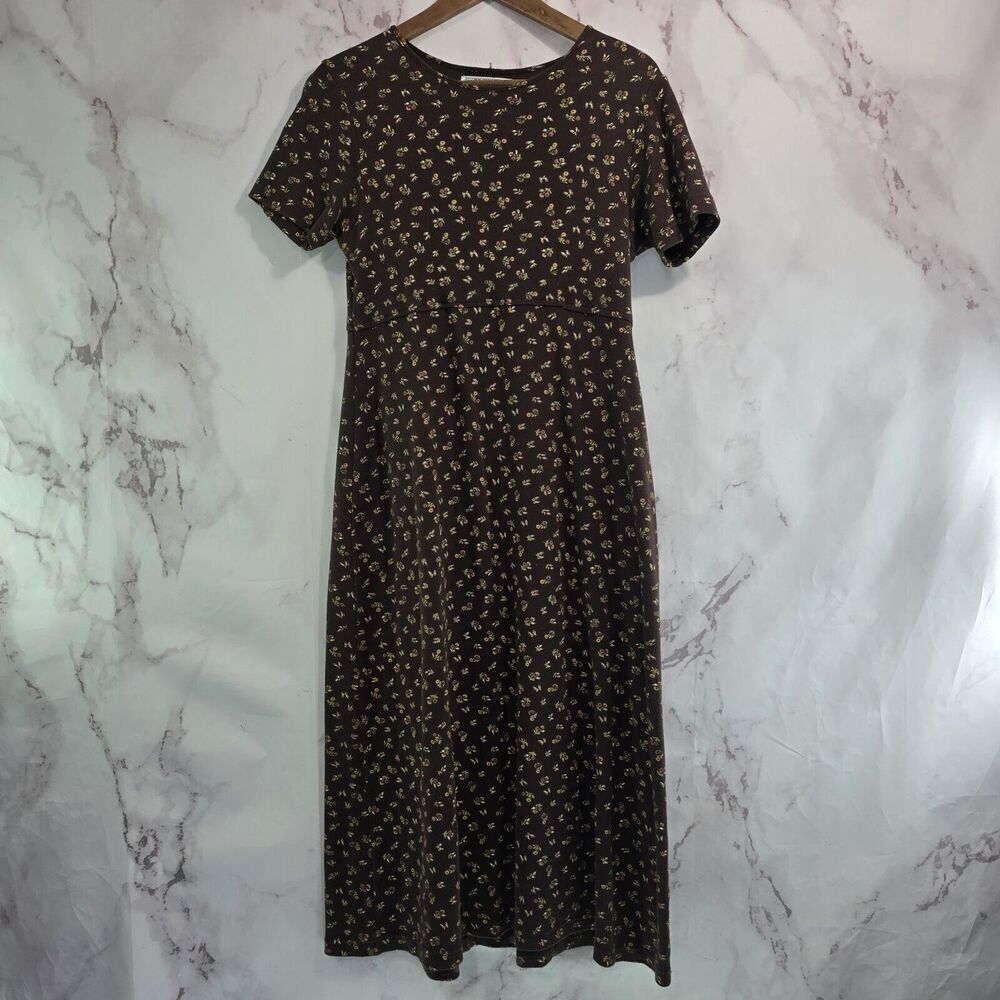 Vintage Dress Womens Medium Brown Floral 90s Maxi Midi Knit Cottagecore